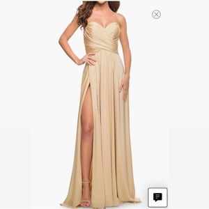 La Femme Strapless Jersey Gown in Light Gold